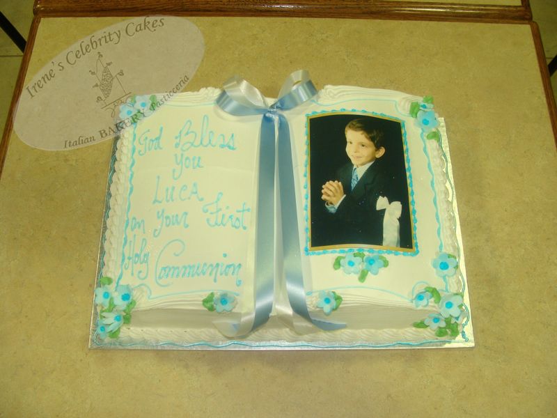 Open-book communion cake with photo